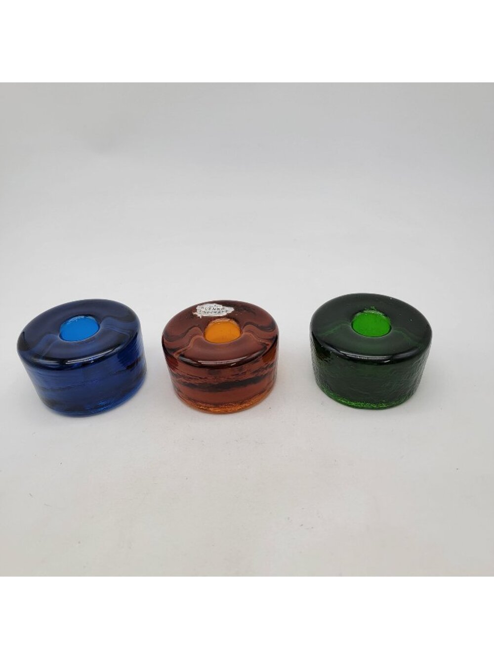 Vintage Blenko Handicraft Set Of 3 Glass "Puck" Taper Candle Holders
